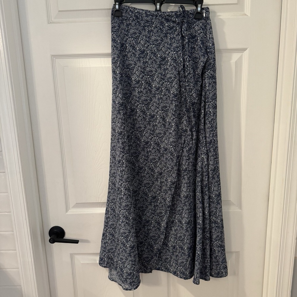 Lulu's Blue Leaf Print Maxi Wrap Skirt S Boho Beach Vacation Side Slit 37" long